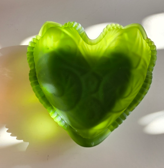 Heritage Green glass heart shaped, L.E. Glass